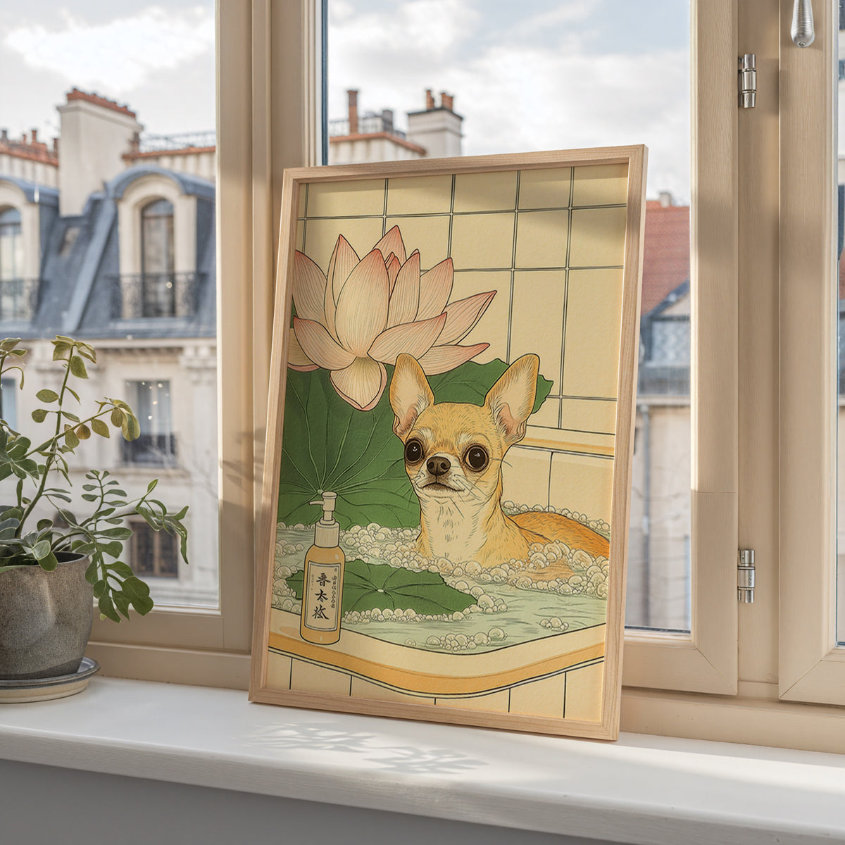 Chihuahua In Lotus Bath poster visualiserad på vägg – från Bozetto i hög kvalitet