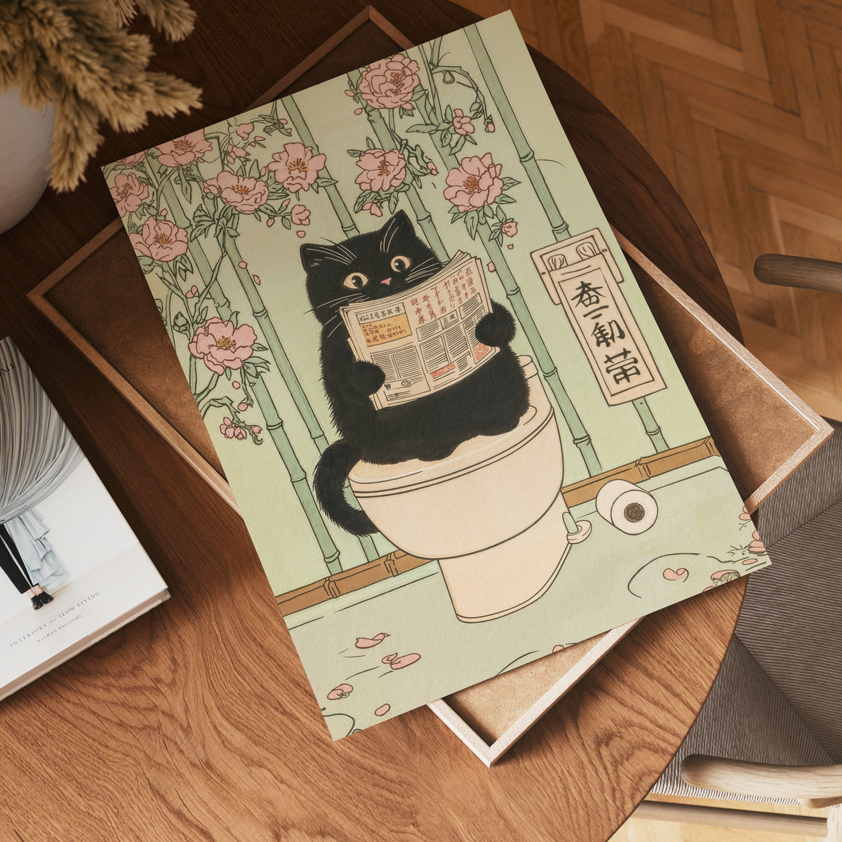 Väggmockup av Cat Reading Time affisch på ljus tegelvägg – Bozetto konsttryck i hög tryckkvalitet