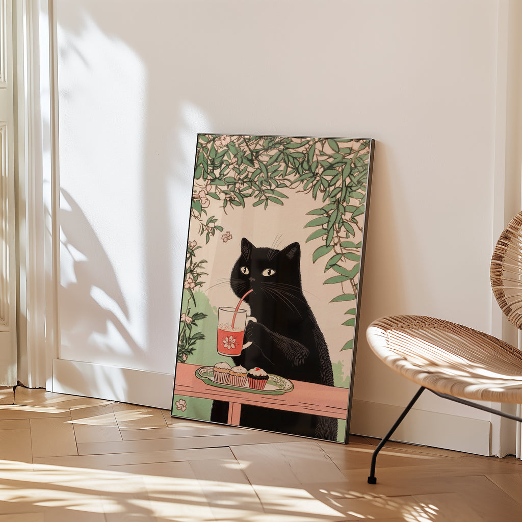 Väggmockup av Afternoon Tea Cat affisch på ljus vägg – Bozetto konsttryck – nr 2