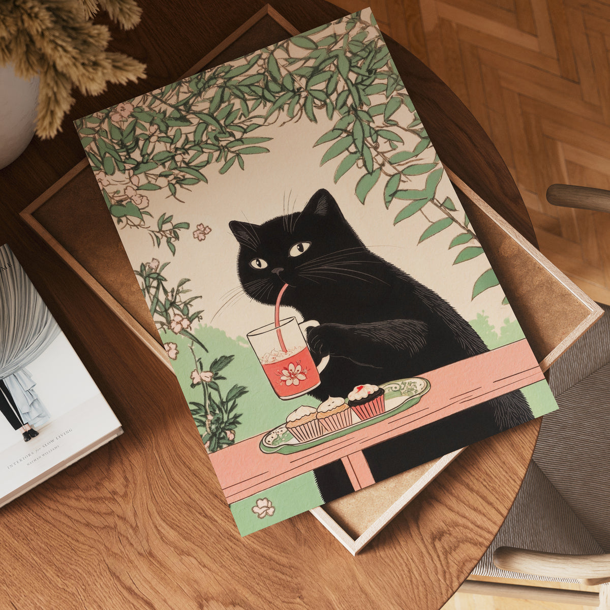 Väggmockup av Afternoon Tea Cat affisch på ljus vägg – Bozetto konsttryck – nr 4