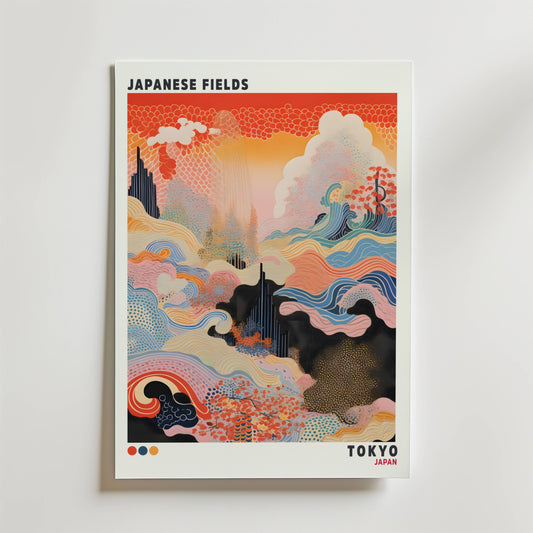 Postern Japanese Fields från Bozetto har abstrakta, vågformade mönster i livfulla röda, orangea, blå och krämfärgade nyanser, inspirerade av japansk konst, med "Tokyo, Japan" längst ner till höger i det stiliserade landskapet.