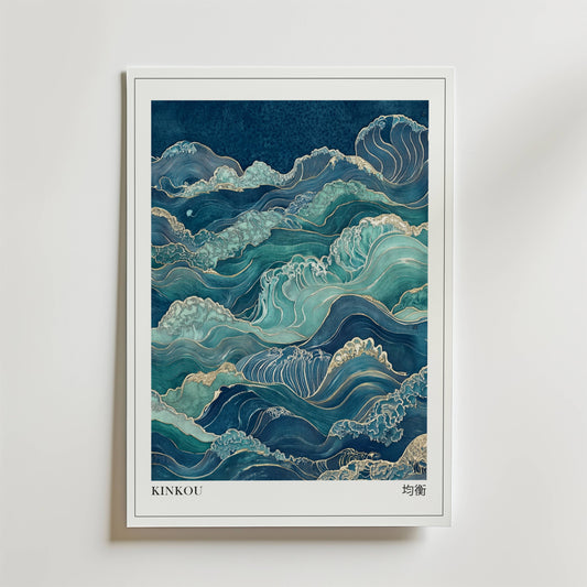 Kinkou Poster by Bozetto har stiliserade blå och teal havsvågor med guldaccenter, "KINKOU" text och japanska tecken - perfekt för marin inredning och inspirerad av japansk konst.