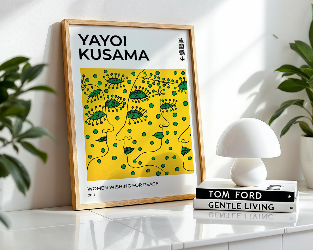 Väggmockup med Yayoi Kusama Peace Faces – köp enkelt hos Bozetto affisch i hög kvalitet