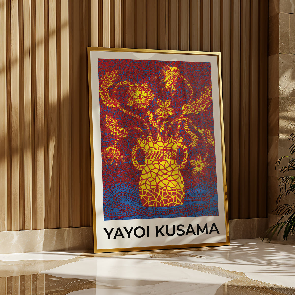 Väggmockup med Yayoi Kusama Bloom Mosaic – köp enkelt hos Bozetto affisch i hög kvalitet