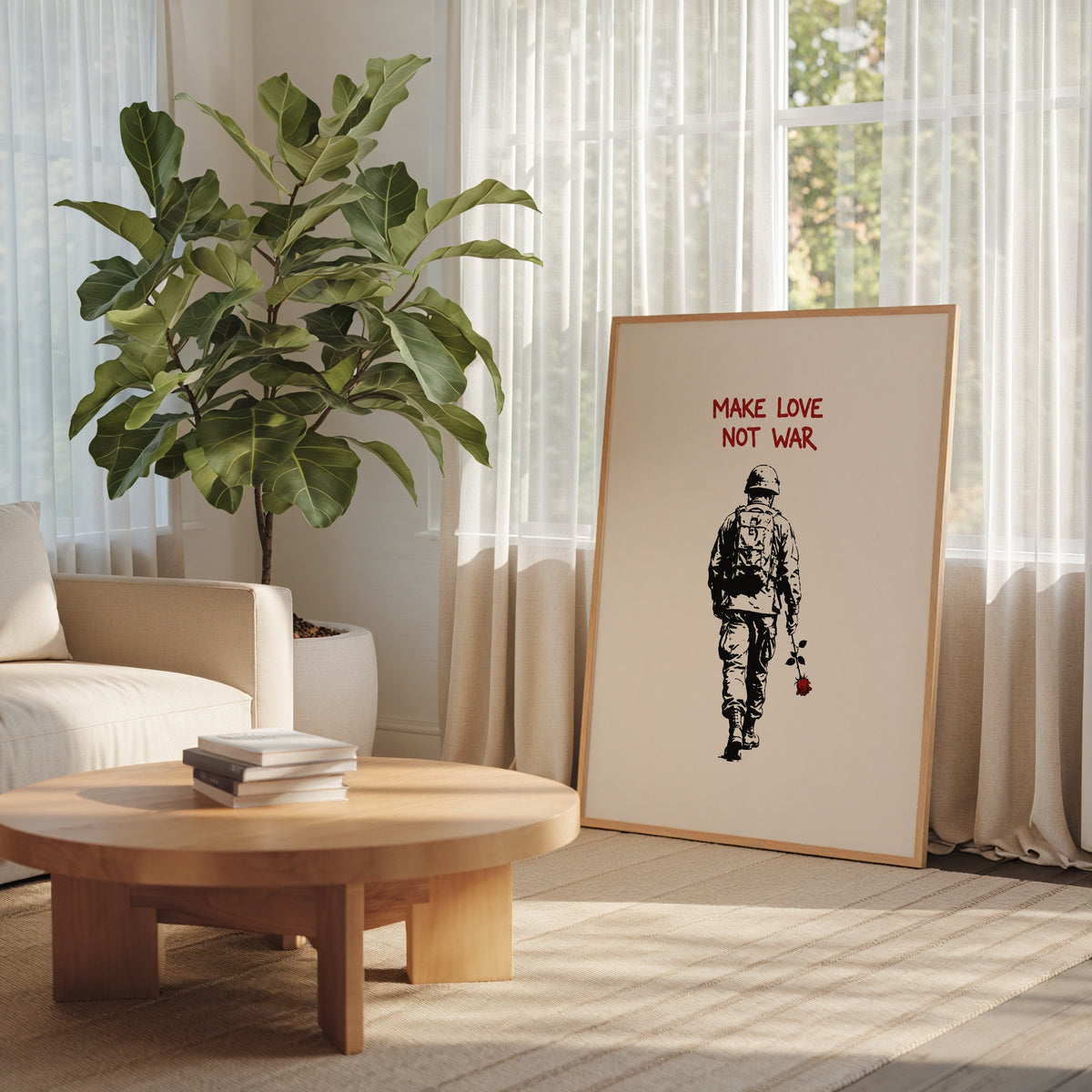 Love Not War Poster i ram på vägg i inrett rum