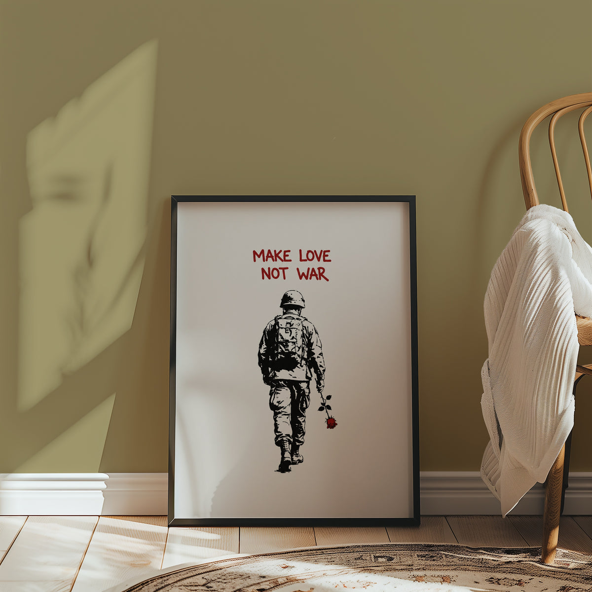 Love Not War Poster inramad i ljust rum