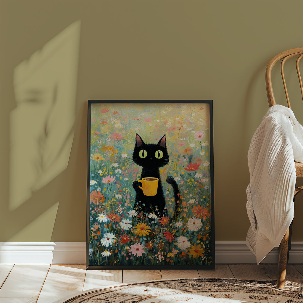 Morning Coffee Cat poster i inramad vagg utan passepartout - stilren inredning fran Bozetto