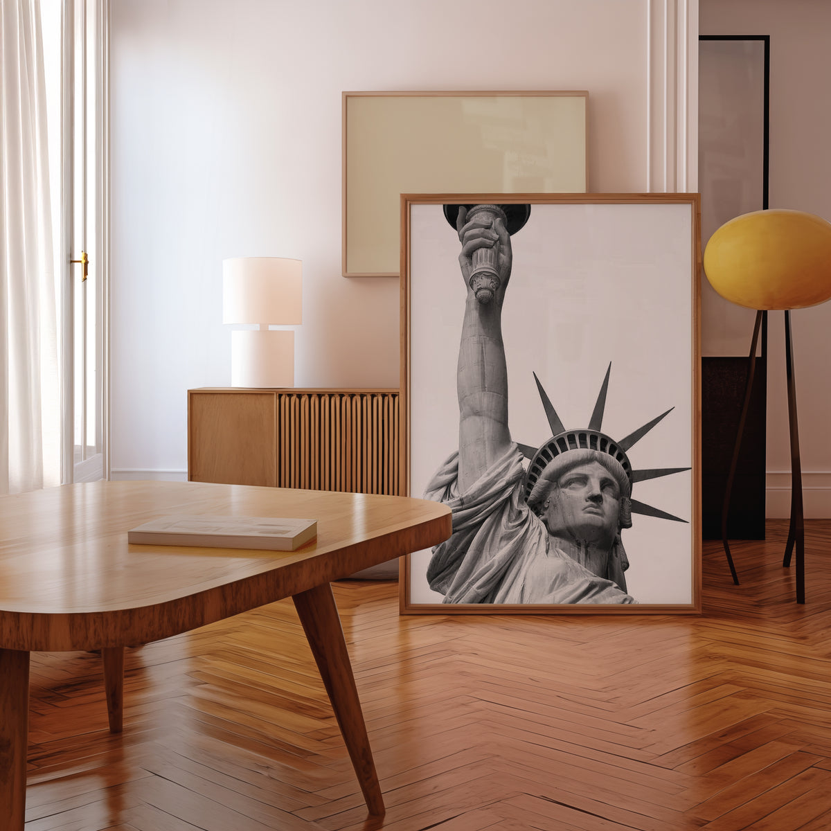 Mockup av Liberty in Black & White affisch på vägg – köp enkelt hos Bozetto i hög kvalitet