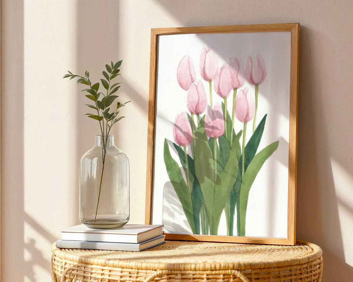 Väggmockup av Pink Tulips affisch på ljus tegelvägg – Bozetto konsttryck i hög tryckkvalitet