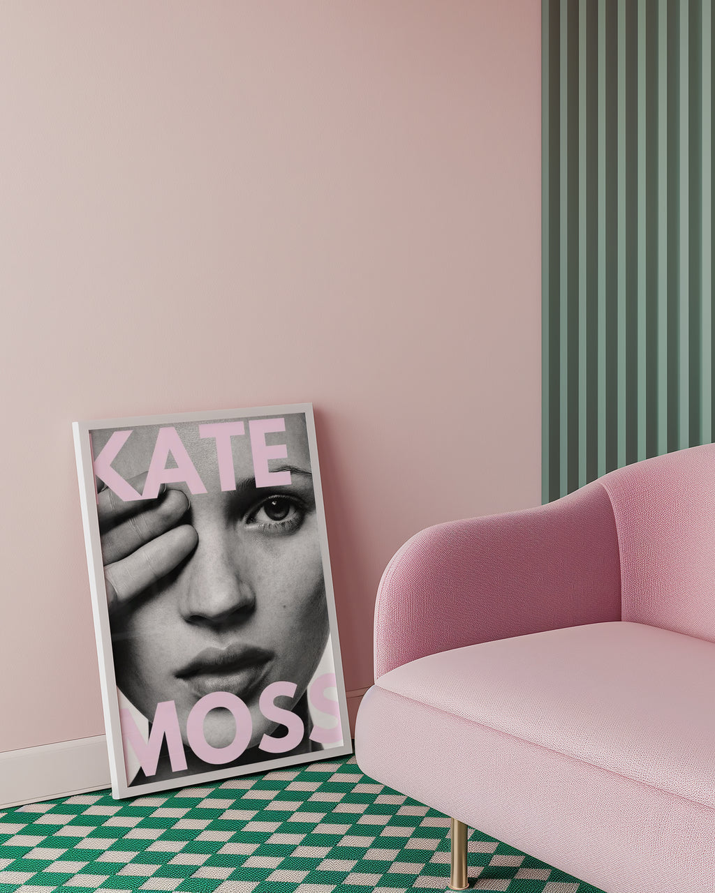 Väggmockup av Kate Moss affisch på ljus tegelvägg – Bozetto konsttryck i hög tryckkvalitet