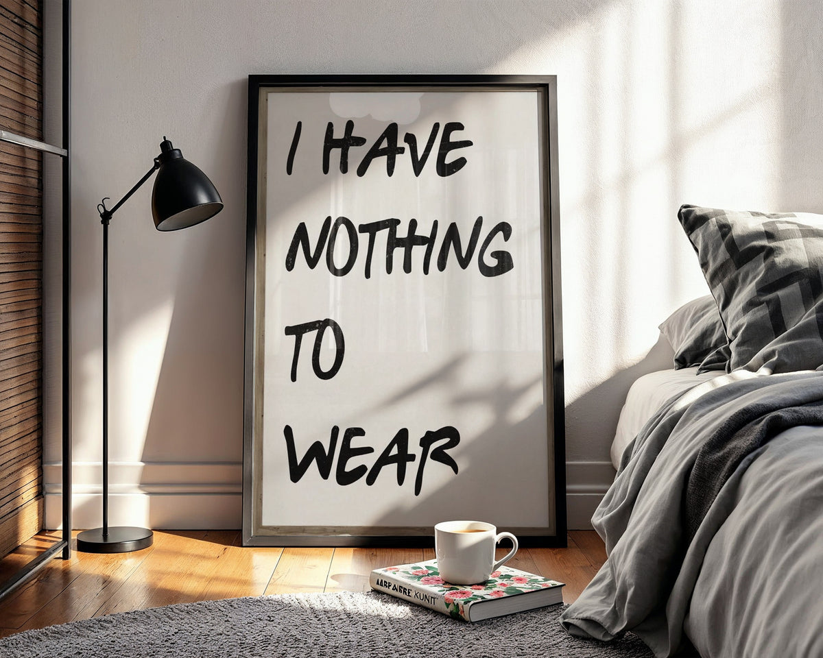Mockup av I Have Nothing To Wear affisch på vägg – köp enkelt hos Bozetto i hög kvalitet