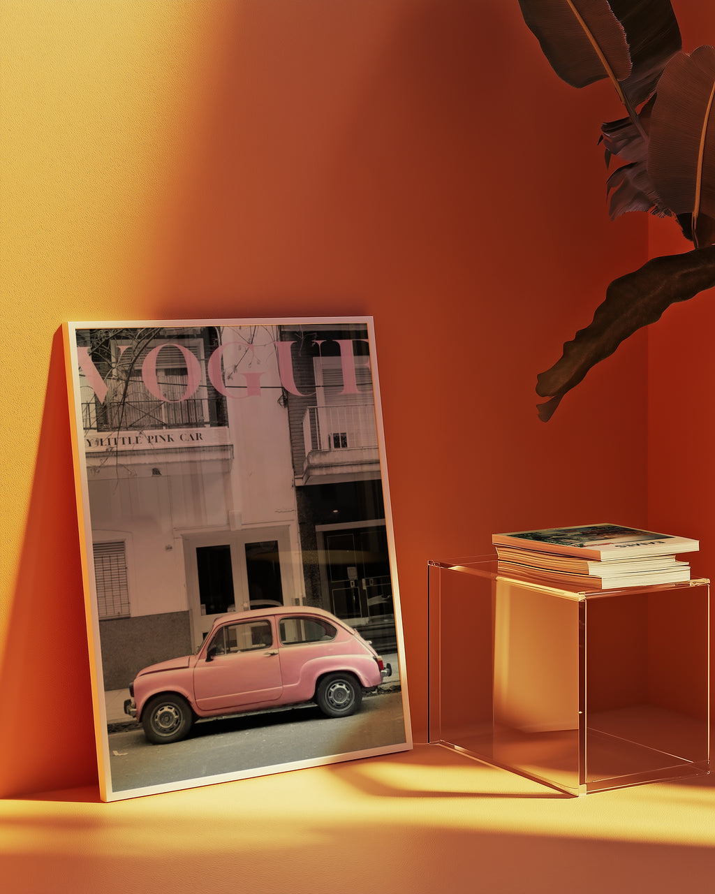 Väggmockup av Vogue Pink Car affisch på ljus tegelvägg – Bozetto konsttryck i hög tryckkvalitet