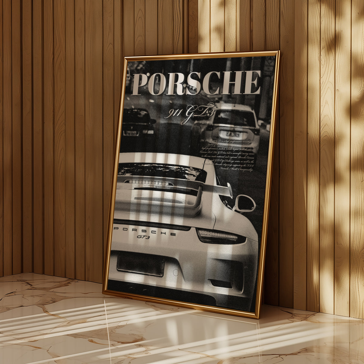 Väggmockup av Porsche 911 GT3 affisch på ljus tegelvägg – Bozetto konsttryck i hög tryckkvalitet