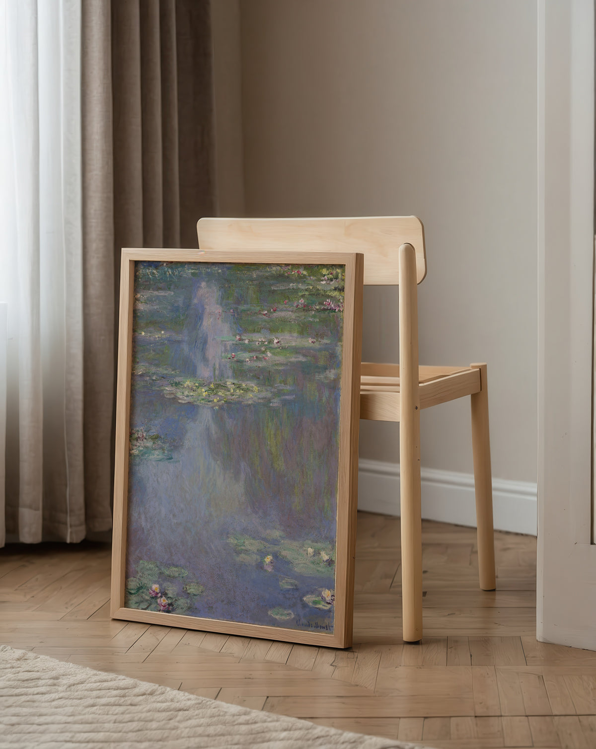 Claude Monet Water Lilies Blue 1907 affisch i ljust och minimalistiskt skandinaviskt vardagsrum – Bozetto