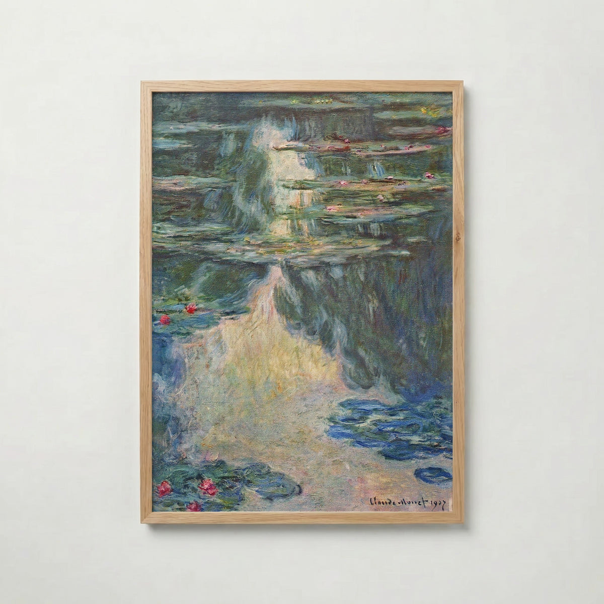 Claude Monet Water Lilies Green 1907 affisch i ljus ekram med naturligt träutseende – Bozetto
