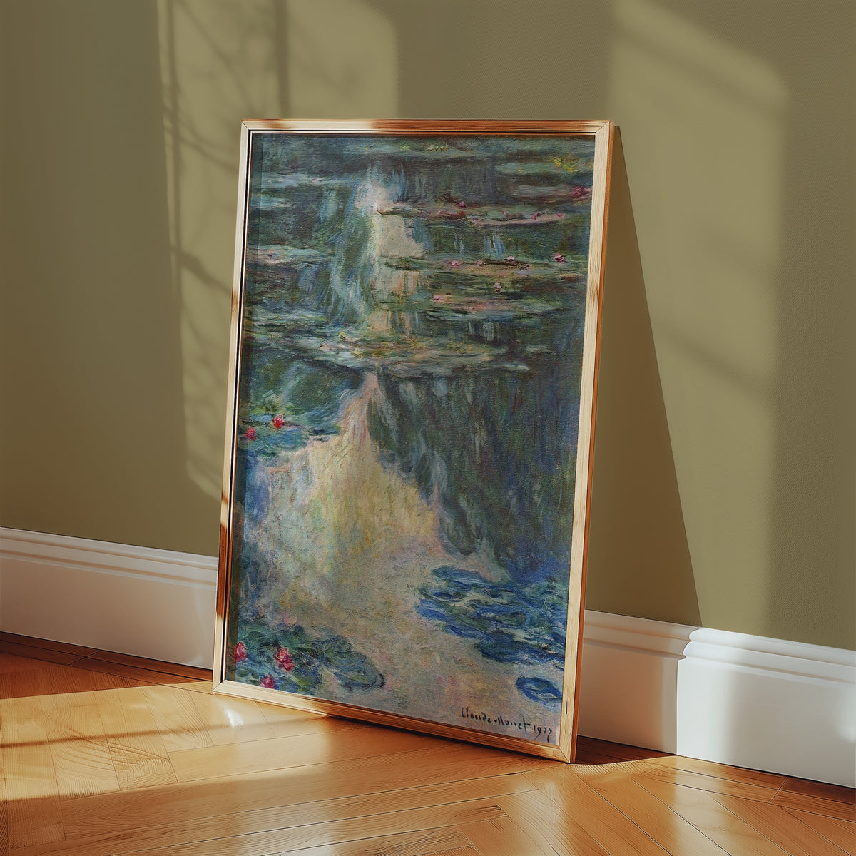 Claude Monet Water Lilies Green 1907 affisch i ljust och minimalistiskt skandinaviskt vardagsrum – Bozetto