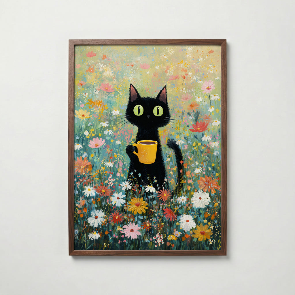 Morning Coffee Cat affisch på vit bakgrund – köp enkelt hos Bozetto i hög kvalitet