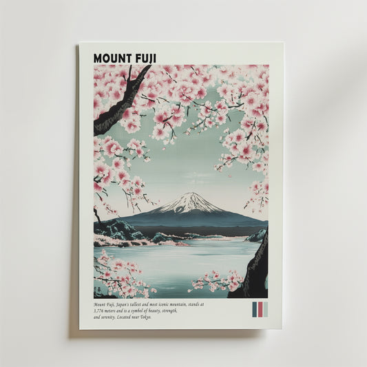 Mount Fuji Japan Poster från Bozetto visar det ikoniska berget inramat av blommande körsbärsblommor, en stilla sjö och klar himmel. Texten lyfter fram Mount Fuji som Japans högsta och mest kända topp.