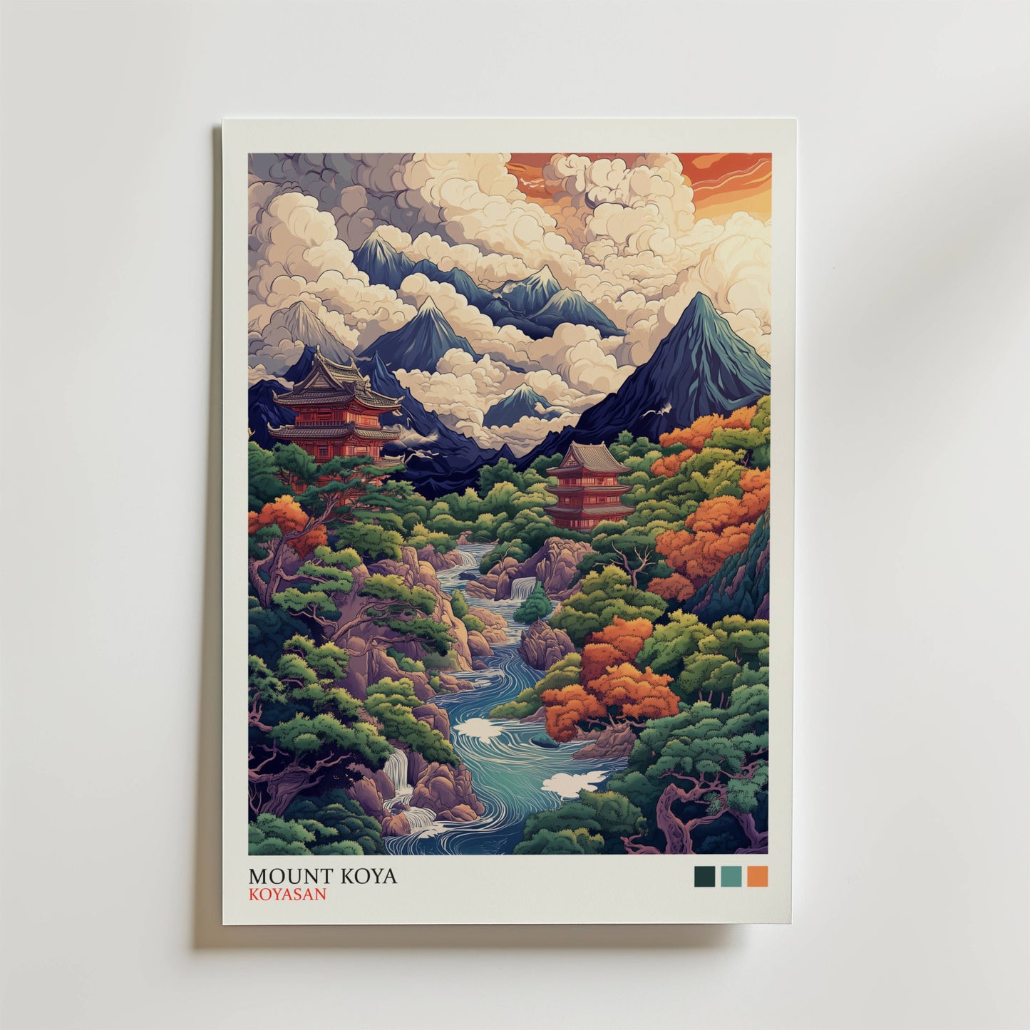 Mount Koya Poster från Bozetto visar livfulla tempel bland gröna träd och berg under virvlande moln - perfekt som japansk väggdekoration eller spirituell konst till ditt rum.