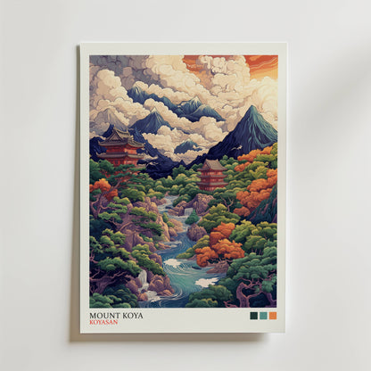 Mount Koya Poster från Bozetto visar livfulla tempel bland gröna träd och berg under virvlande moln - perfekt som japansk väggdekoration eller spirituell konst till ditt rum.