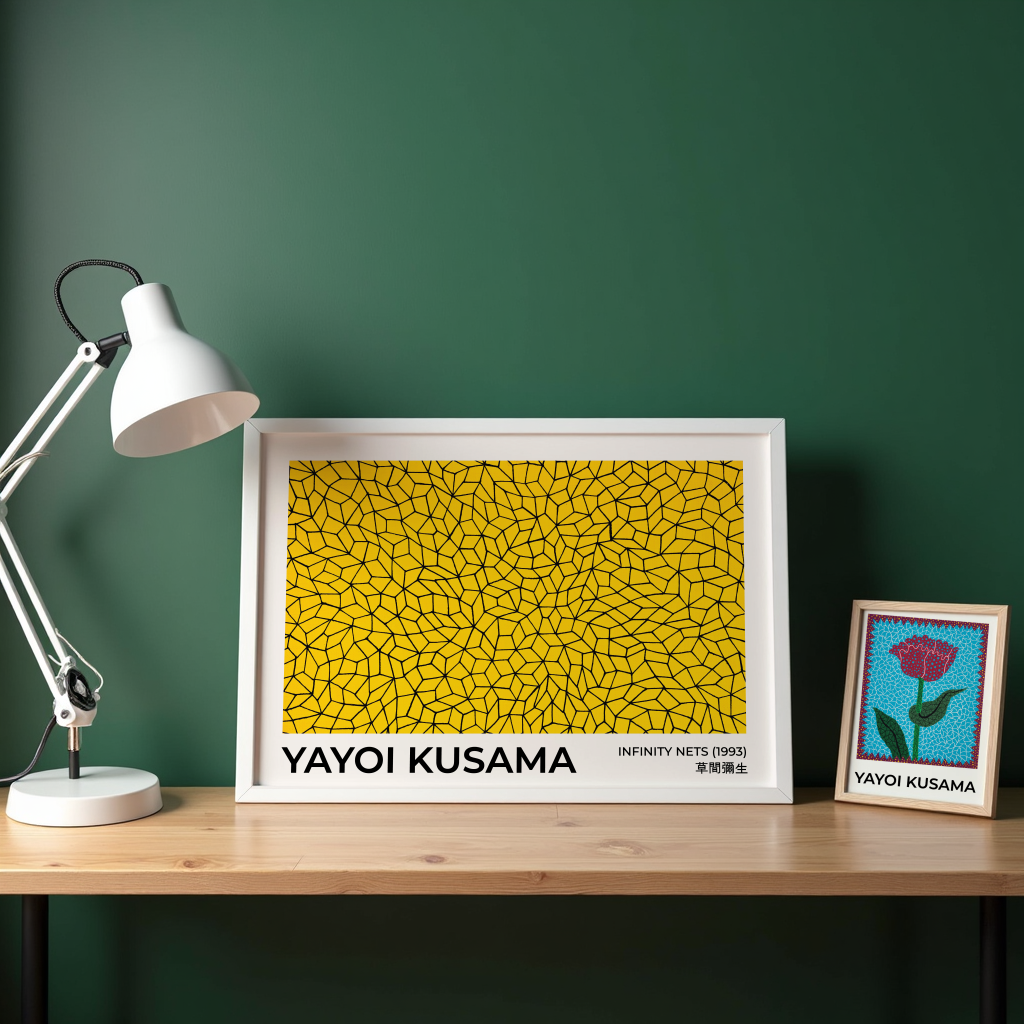 Väggmockup med Yayoi Kusama Flower Pulse – köp enkelt hos Bozetto affisch i hög kvalitet