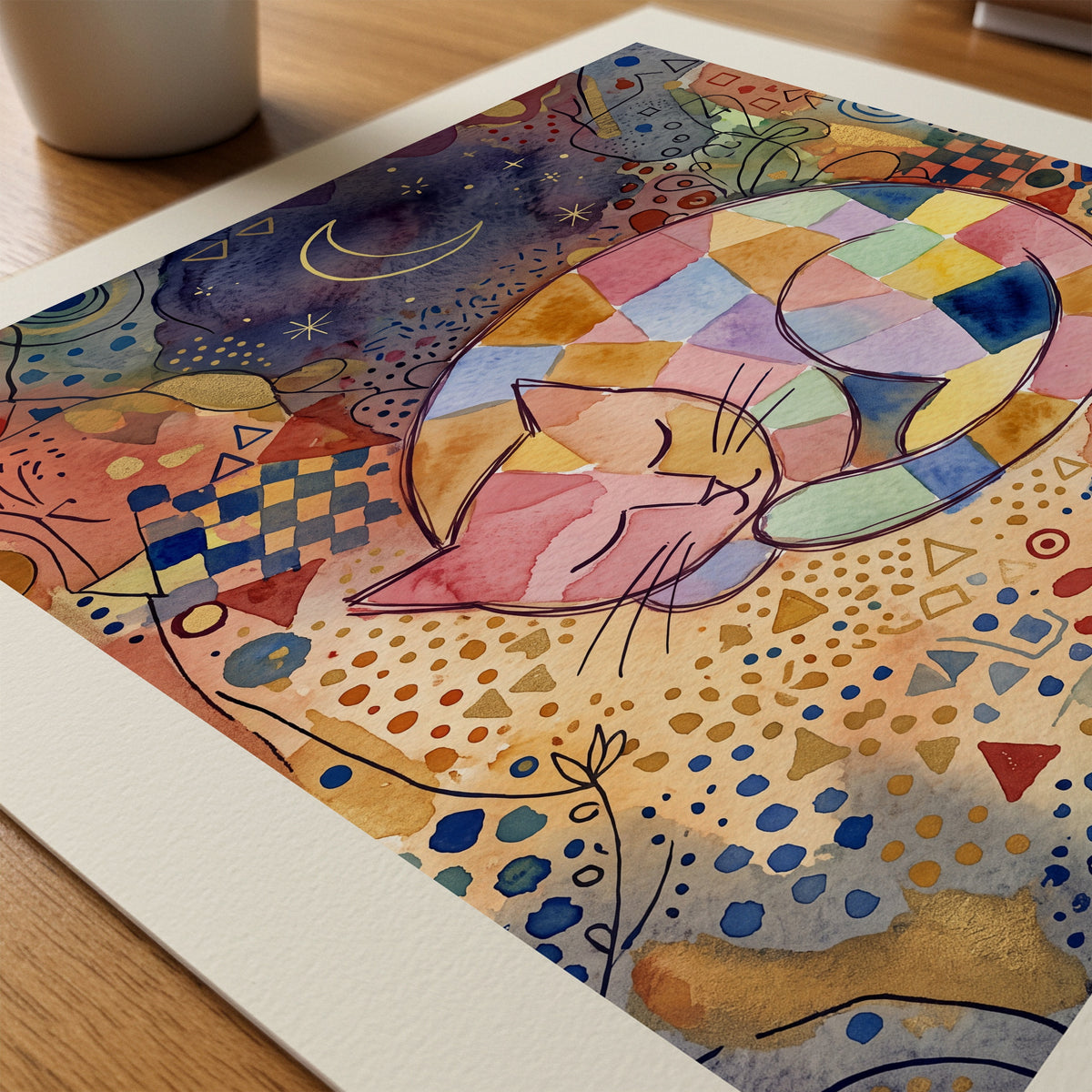 Paul Klee Sleeping Cat and Crescent Moon Poster – närbild på papper