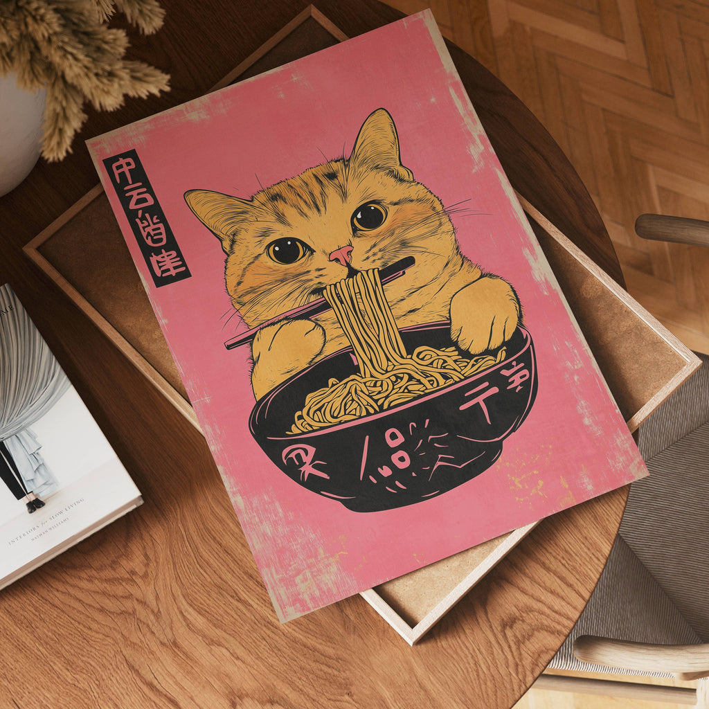 Yellow Cat Eats Noodle poster visad rakt fram – Bozetto affisch i hög tryckkvalitet