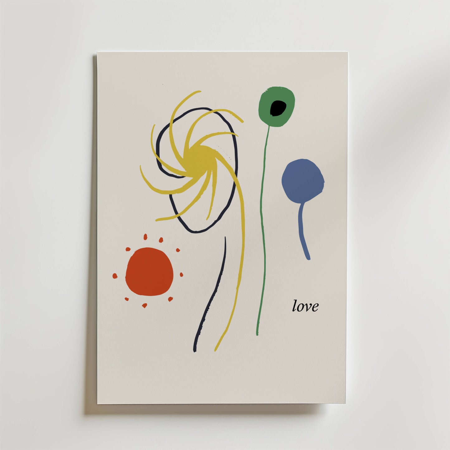 Gentle Orbit Poster by Bozetto har en vit bakgrund med färgglada blommor och en sol, perfekt som en kärleksposter eller en symbol för närhet.