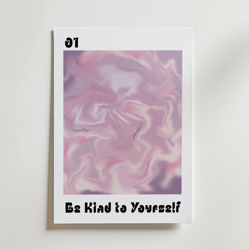 Be Kind To Yourself Poster by Bozetto har en rosa och lila marmorerad abstrakt design med "01" längst upp till vänster och "Be Kind to Yourself" i fetstil längst ner, som en daglig påminnelse om att praktisera självkärlek.