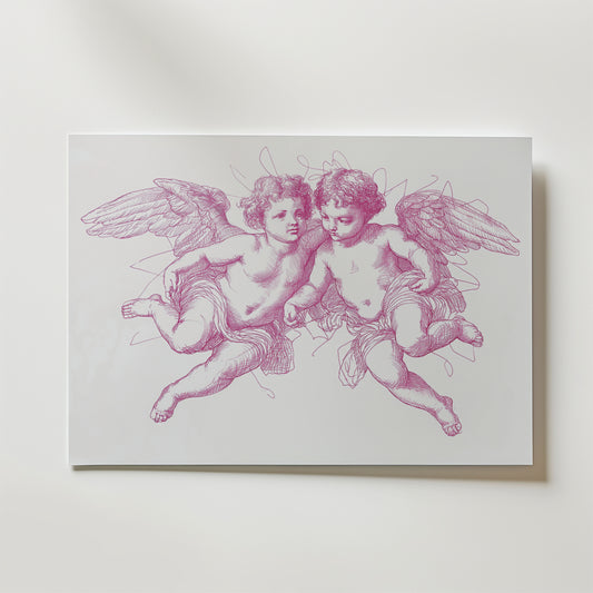 Bozetto Cherub Whisper Poster visar en detaljerad rosa linjeteckning av barockinspirerade keruber med vingar, sittande tillsammans på en vit bakgrund, som uttrycker romantisk konst och klassisk skönhet.