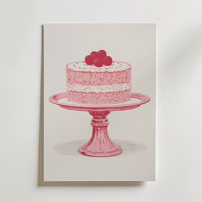 Bozetto Raspberry Cake Poster visar en minimalistisk illustration av en bärtoppad tårta i lager på ett stativ, i rosa och café-estetiska nyanser, mot en vit bakgrund för tidlös charm.