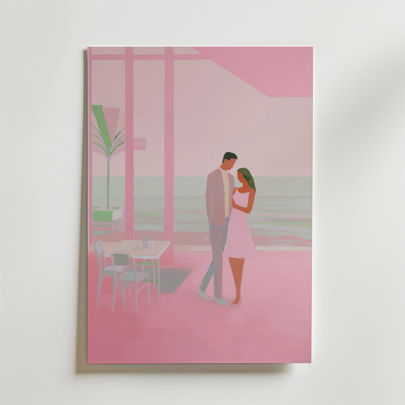 La Côte d'Amour Poster" av Bozetto föreställer ett romantiskt par i pastellfärger i ett rosa rum med havsutsikt, bord, stolar och växter - en lugn atmosfär som är perfekt för älskare av solnedgångar.