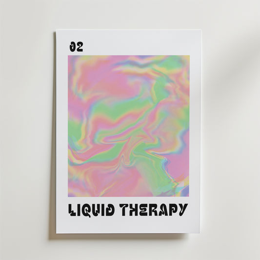 Bozettos Liquid Therapy Pastel Swirl Poster har en marmorliknande abstrakt design i mjuka skimrande toner, med "02" längst upp till vänster och "LIQUID THERAPY" i fet svart längst ner - perfekt för moderna interiörer.