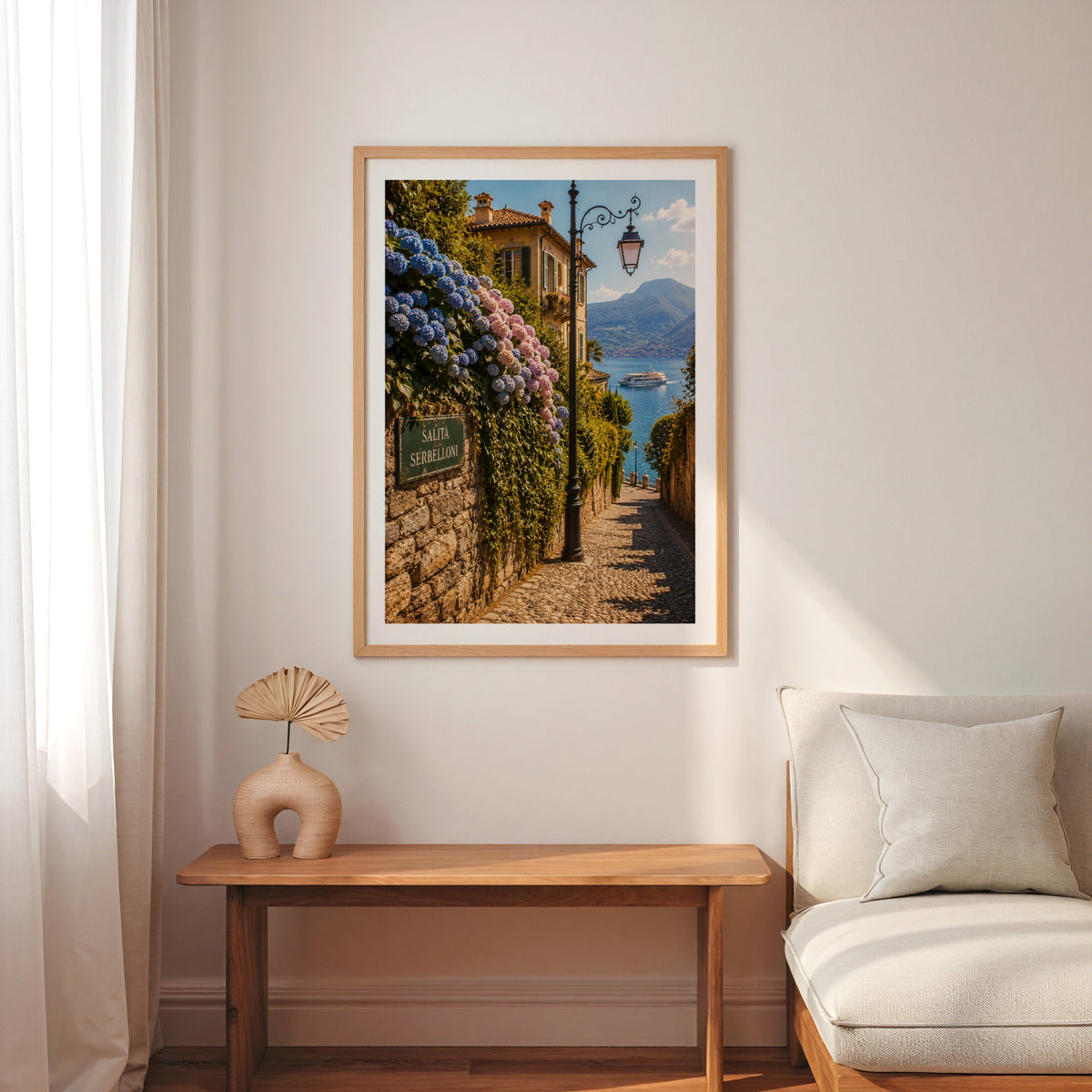 Marco Ricci Salita Serbelloni Bellagio Poster – blomstersmyckad stentrappa i Bellagio vid Comosjön