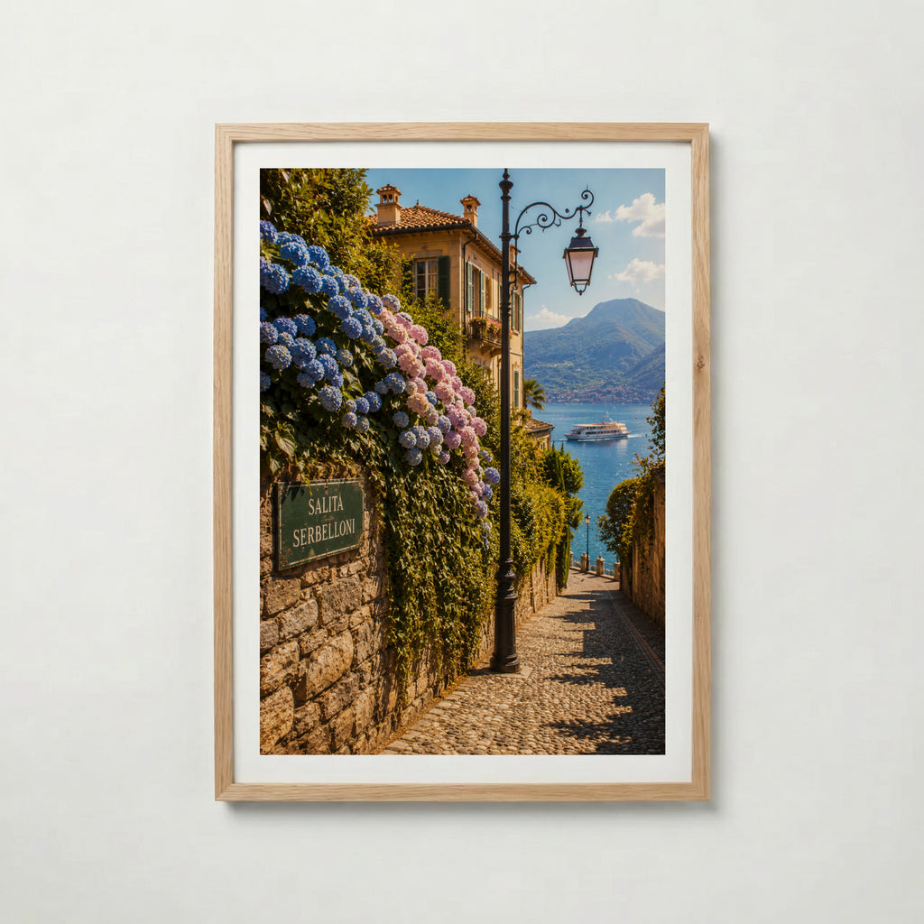 Marco Ricci Salita Serbelloni Bellagio Poster – blomstersmyckad stentrappa i Bellagio vid Comosjön