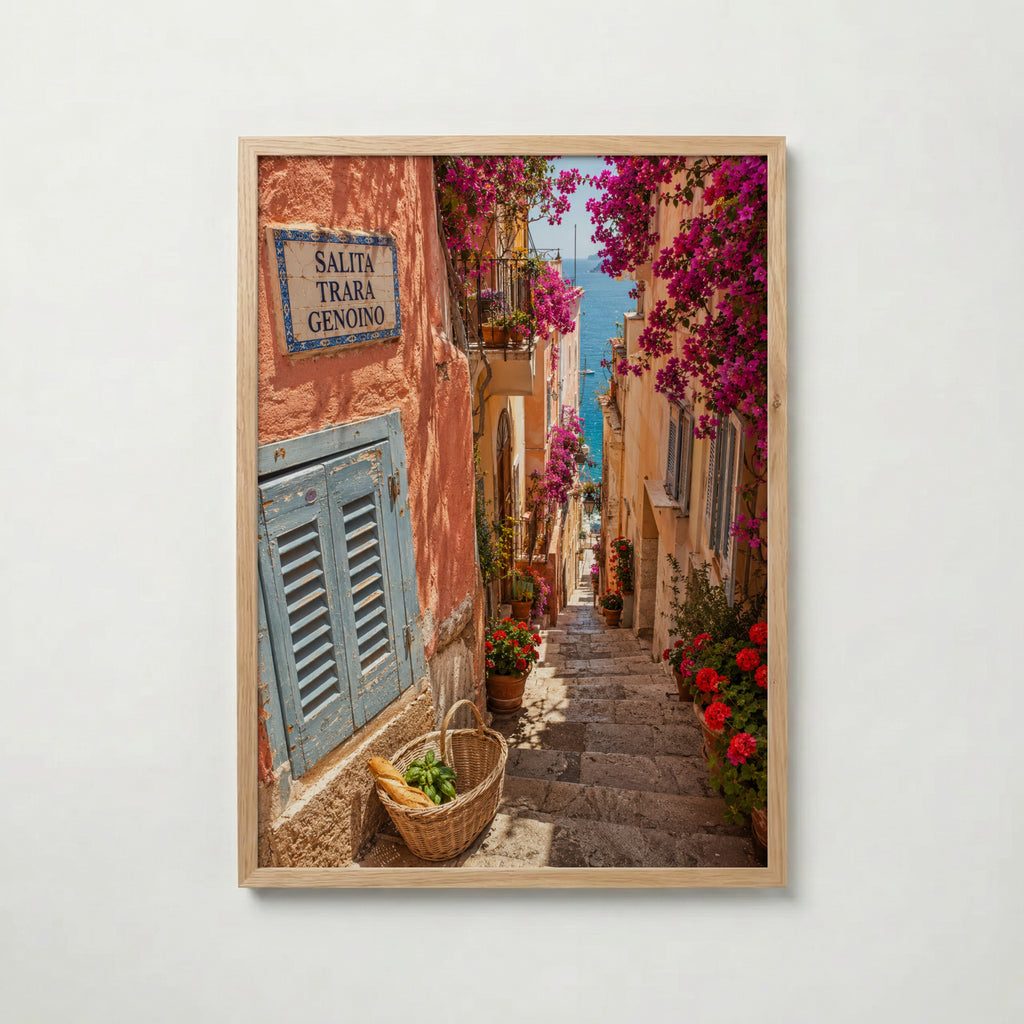 Marco Ricci Salita Trara Genoino Poster – smal blomstertrappa längs klipporna vid Amalfikusten