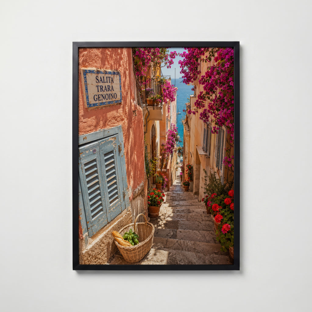 Marco Ricci Salita Trara Genoino Poster – smal blomstertrappa längs klipporna vid Amalfikusten