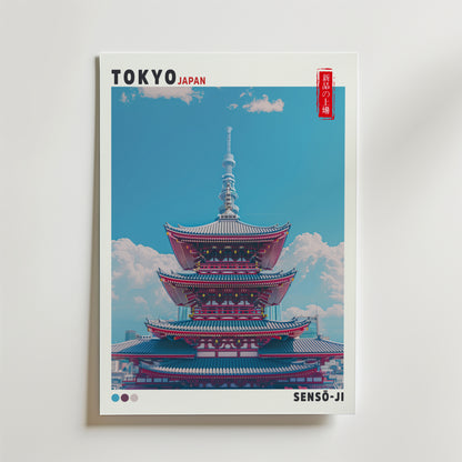 The Sky Above Sensō-ji Poster by Bozetto visar Tokyos ikoniska Sensō-ji tempel under en klarblå himmel, med "TOKYO JAPAN" och "SENSO-JI" på motivet, som fångar essensen av japansk kultur.