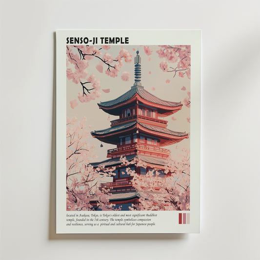 Bozetto Tokyo Temple Poster föreställer Senso-ji's pagod bland blommande körsbärsblommor under en ljusrosa himmel, med "SENSO-JI TEMPLE" som titel och en kort beskrivning under den eleganta Tokyo-inspirerade bilden.
