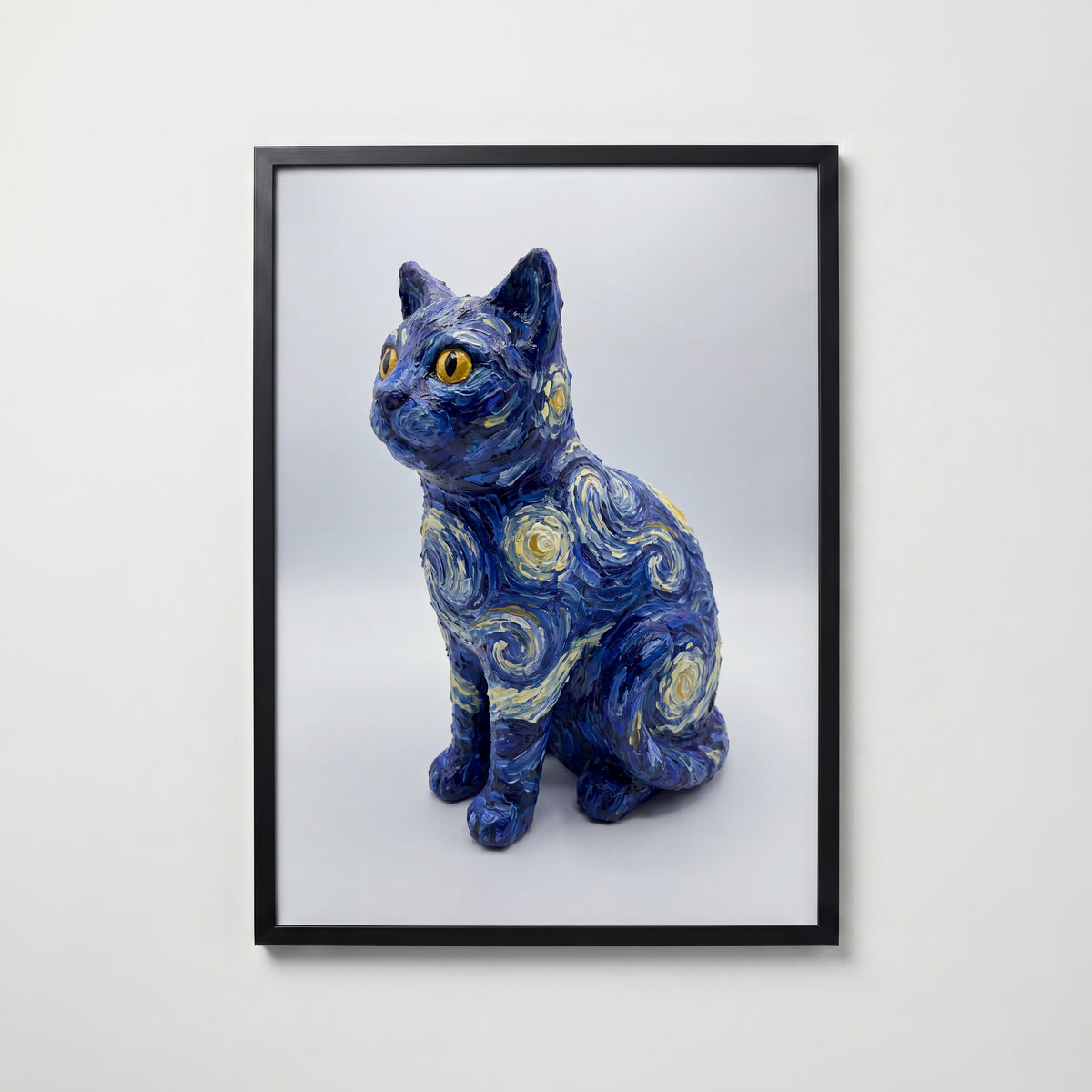 Starry Night Cat Sculpture Poster – svart ram