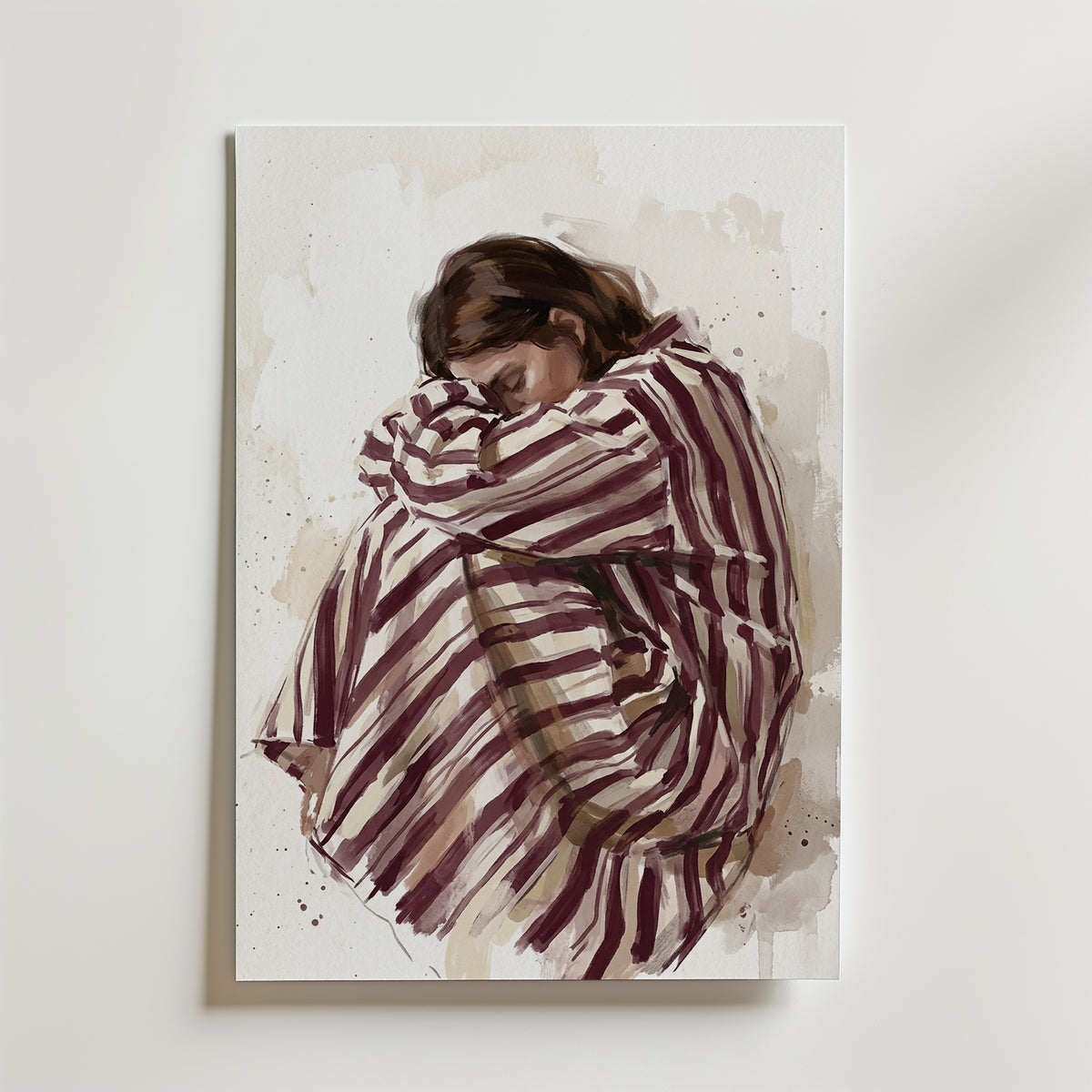 Striped Slumber Poster – person insvept i randig filt i akvarell