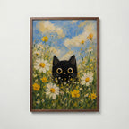 Summer Cat Poster – svart katt bland sommarblommor i valnötsram, konst från Bozetto