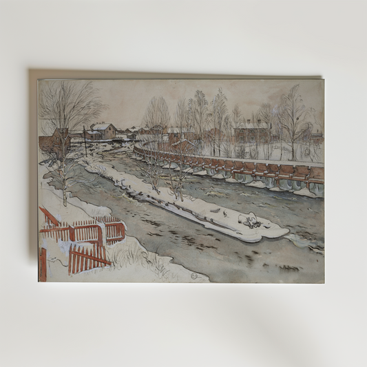 Bozettos affisch "Carl Larsson The Timber Chute" föreställer en lugn och snöig flodlandskap med kala träd och hus som för tankarna till lugna svenska vinterdagar med snötäckta tak under en blek himmel - ett klassiskt vintermotiv.