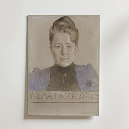 Bozetto Carl Larsson "The Author Selma Lagerlöf" Poster föreställer ett målat porträtt av Selma Lagerlöf med texten "Selma Lagerlöf Falun 1902" under - en stilfull hyllning till skandinavisk kultur för alla väggar.