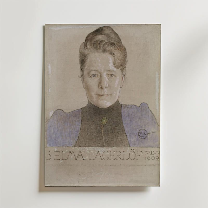 Bozetto Carl Larsson "The Author Selma Lagerlöf" Poster föreställer ett målat porträtt av Selma Lagerlöf med texten "Selma Lagerlöf Falun 1902" under - en stilfull hyllning till skandinavisk kultur för alla väggar.
