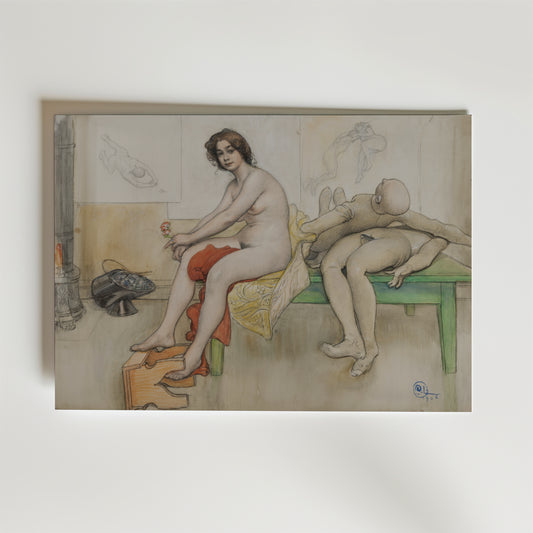 Carl Larsson "The Model and the Mannequins" Poster by Bozetto föreställer en naken kvinna som sitter på en säng och tar på sig en röd strumpa bredvid en liggande skyltdocka, med skisser bakom dem och en liten spis och fläkt till vänster.