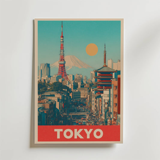 Bozetto Tokyo City Poster föreställer Tokyo Tower, stadsbyggnader, en pagod, Mount Fuji, en solnedgång och "TOKYO" i feta vita bokstäver på en röd remsa längst ner.
