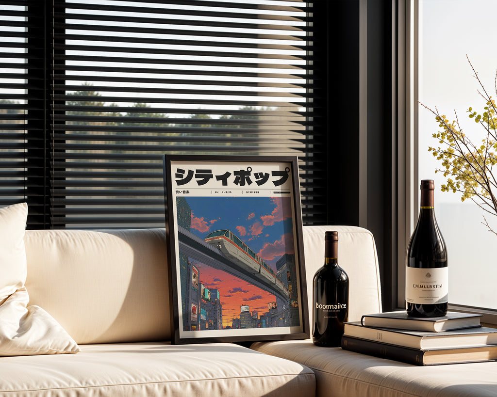 Väggmockup av Tokyo Dusk Train affisch på ljus tegelvägg – Bozetto konsttryck i hög tryckkvalitet