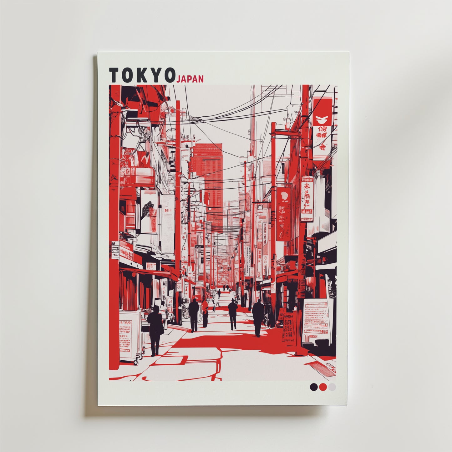 Bozetto Modern Tokyo Poster har en stiliserad röd och vit gatuscen med fotgängare, kraftledningar, höga byggnader, japanska skyltar och "TOKYO JAPAN" högst upp, vilket återspeglar japansk design.