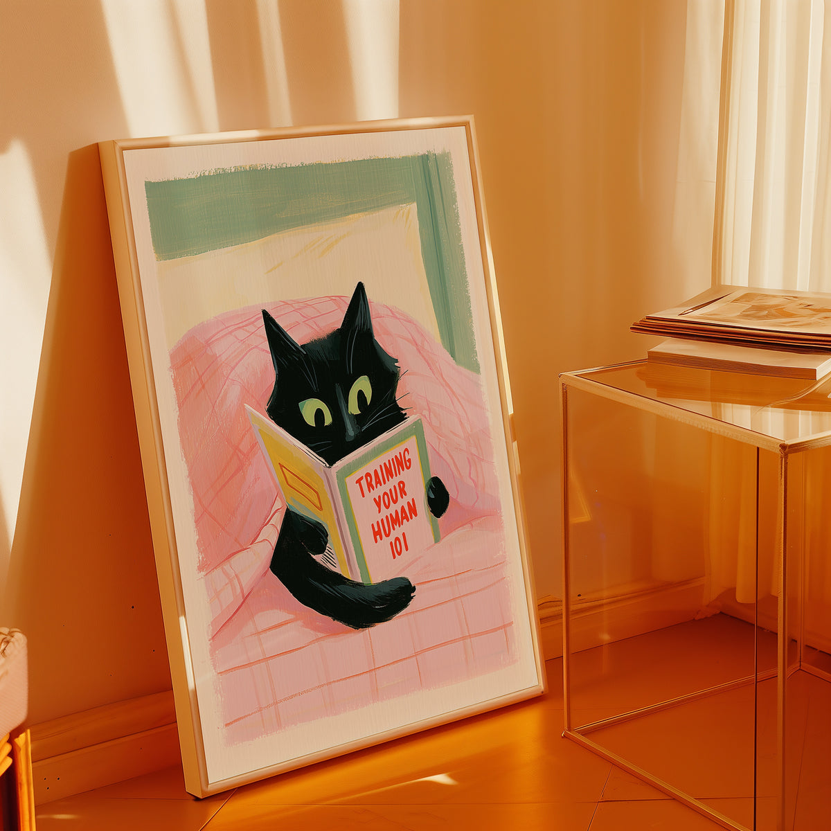 Training Human Poster – svart katt som läser bok i sängen i modern hemmiljö, poster från Bozetto